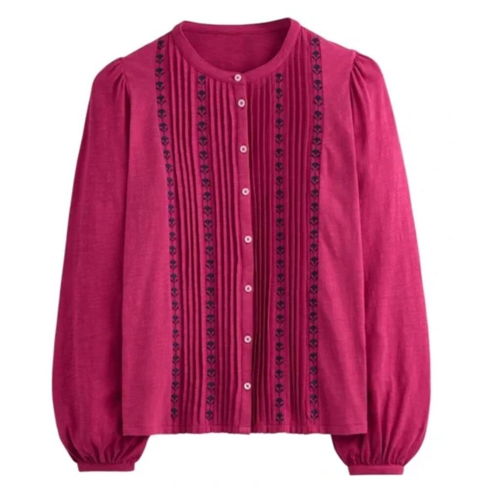 Boden Pink Embroidered Pleated "Marina" Button 4 Top MSRP $150